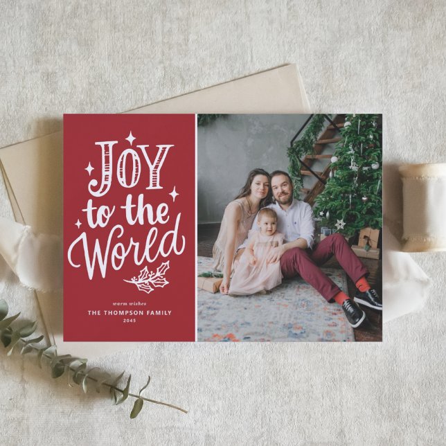 Cartão De Festividades Red Joy To The World Christmas Carol Photo (Celebrate the season with this customizable red "Joy to the World" photo Christmas card.)