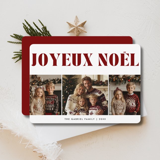 Cartão De Festividades Red Joyeux Noël Natal Francês 3 Crianças Fotográfi (Criador carregado)