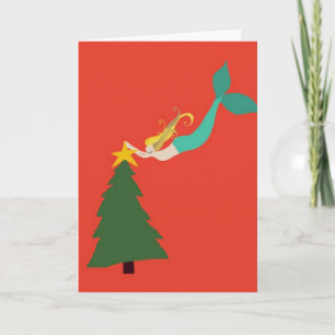 Cartão De Festividades Red Mermaid Placing Star On Tree Greeting Cards