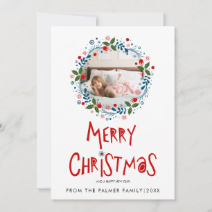 Cartão De Festividades Red Merry Christmas typography, blue wreath photo