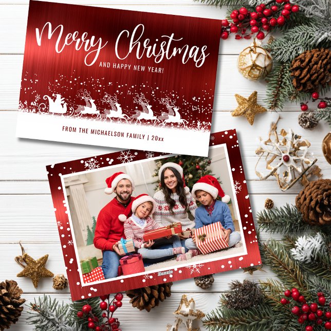 Cartão De Festividades Red Metallic Santa Sleigh Christmas Photo (Red Metallic Santa Sleigh Christmas Photo Card )