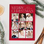 Cartão De Festividades Red Modern Christmas 9 Photo Collage<br><div class="desc">Cartões de foto de Natal moderno com "Feliz Natal" exibido no topo da design em letras brancas em tendência com fundo vermelho. Uma colagem de fotos de 9 fotos é mostrada abaixo em um layout no estilo grade. Personalize o cartão de Natal multifoto com seu nome de família. A placa...</div>