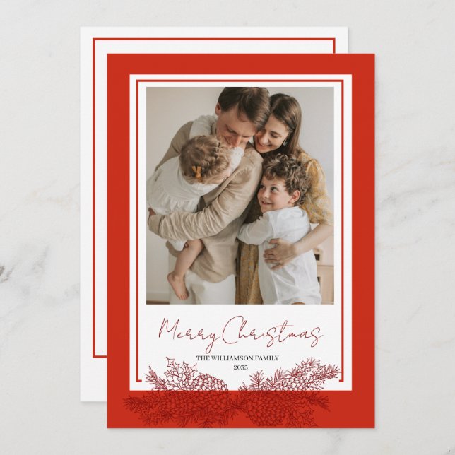 Cartão De Festividades Red Modern Elegant Botanical Photo Christmas (Frente/Verso)