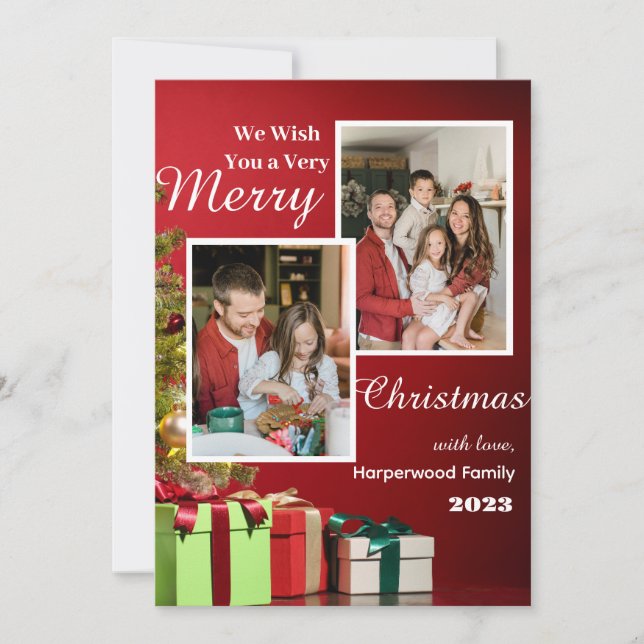 Cartão De Festividades Red Modern Elegant Family Feliz Foto de Natal (Frente)