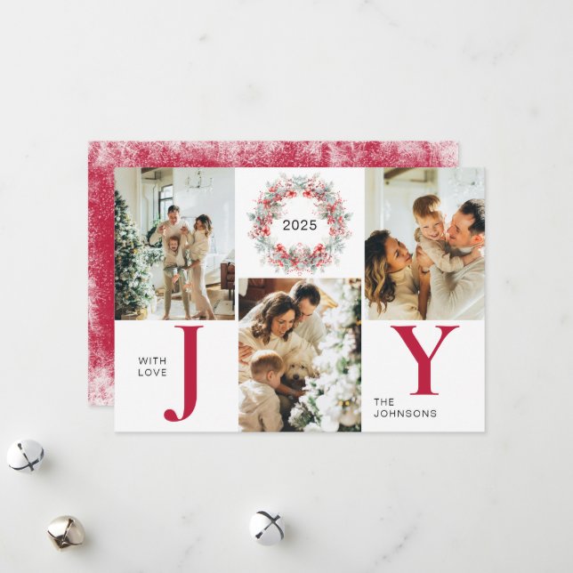 Cartão De Festividades Red Modern Holly Berries 3 Foto de Natal (Frente/Verso In Situ)