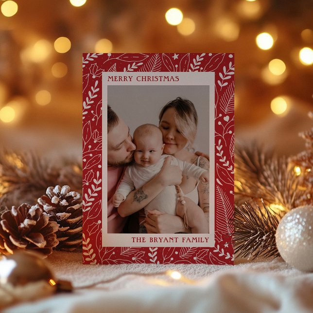 Cartão De Festividades Red Modern Holly e deixa Trabalho de arte Frame (Criador carregado)