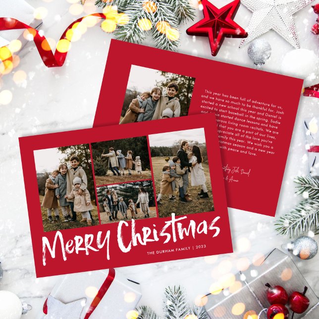 Cartão De Festividades Red Modern Lettering Cinco Fotografias Feliz Natal (Criador carregado)