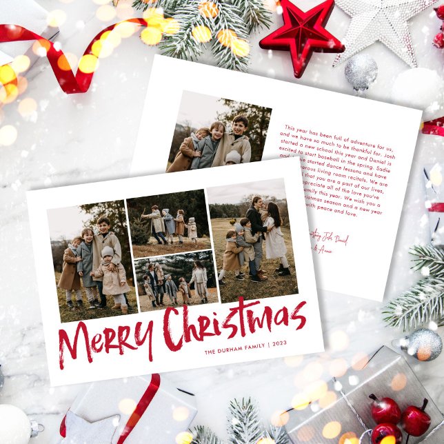 Cartão De Festividades Red Modern Lettering Cinco Fotografias Feliz Natal (Criador carregado)