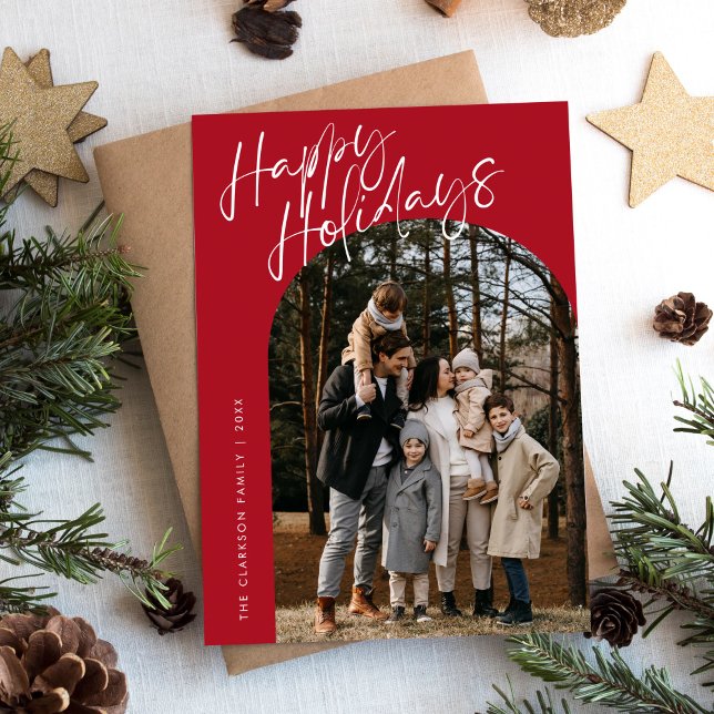 Cartão De Festividades Red Modern Script Happy Holidays Arch 2 Foto (Criador carregado)
