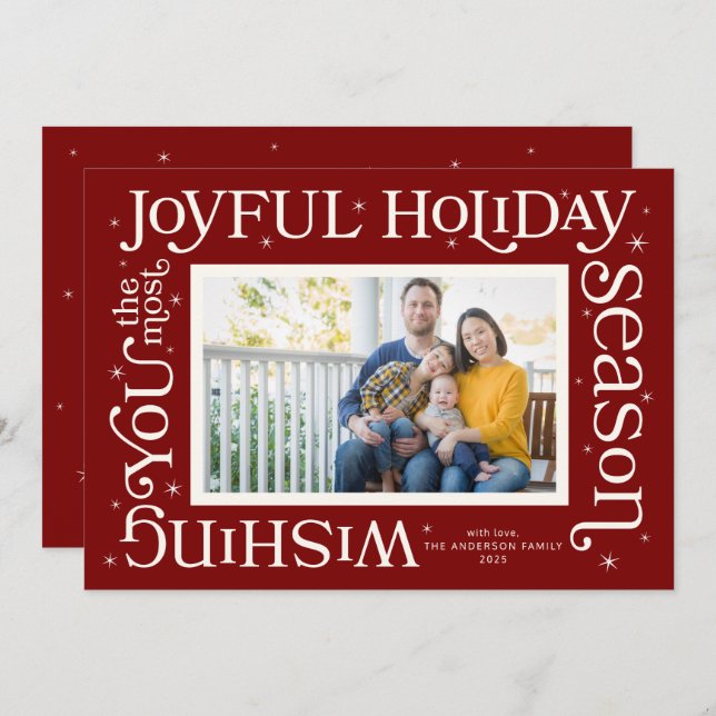 Cartão De Festividades Red Most Joyful Holiday Season Photo Holiday Card (Frente/Verso)