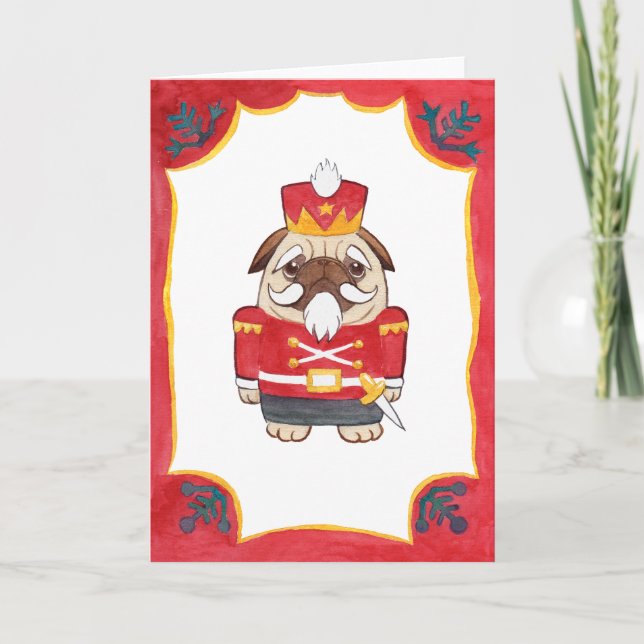Cartão De Festividades Red Nutcracker Pug Christmas Card (Frente)