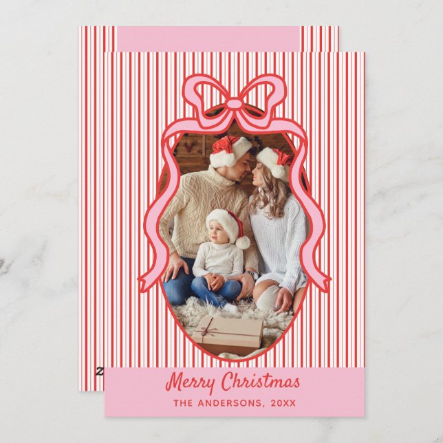 Cartão De Festividades Red Pink Stripes & Bow Frame Christmas Photo (Frente/Verso)