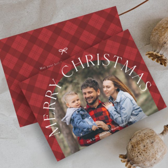 Cartão De Festividades Red Plaid Boho Arch Merry Christmas Photo  (Rustic red plaid arch photo Christmas holiday cards.)