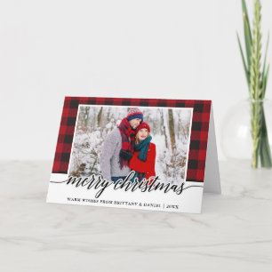 Cartão De Festividades Red Plaid Calligraphy Couple Merry Christmas