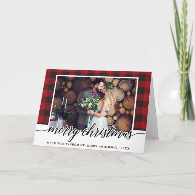 Cartão De Festividades Red Plaid Calligraphy Wedding Merry Christmas (Frente)