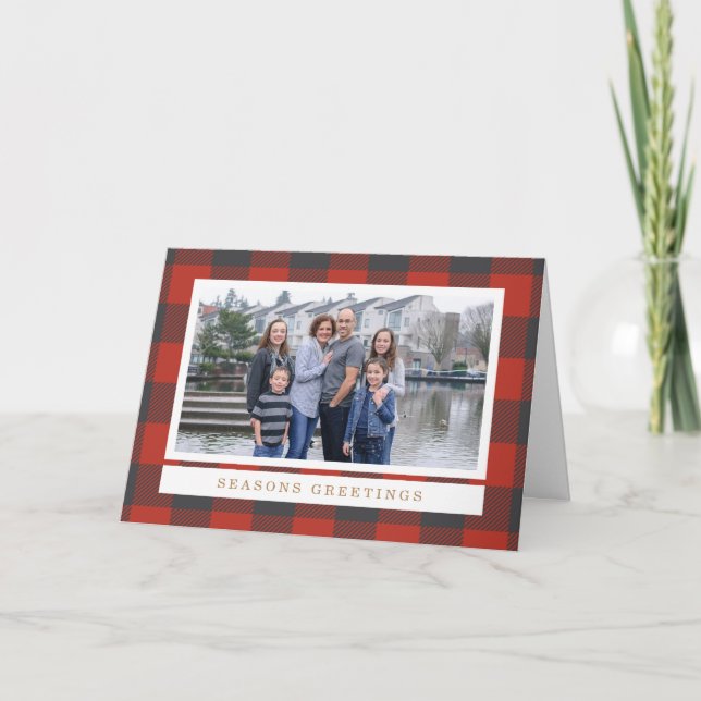 Cartão De Festividades Red Plaid Holiday Photo Card (Frente)