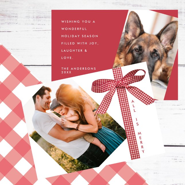 Cartão De Festividades Red Plaid Ribbon Simple 2 Photo Christmas (Criador carregado)