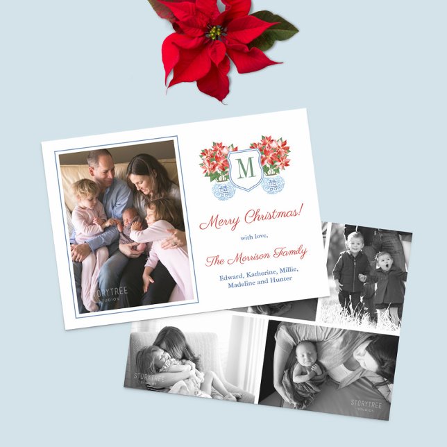 Cartão De Festividades Red Poinsettia Chinoiserie Foto Colagem Natal (Chinoiserie Chic Red Poinsettia Monogram Family Photo Christmas Holidays Card)