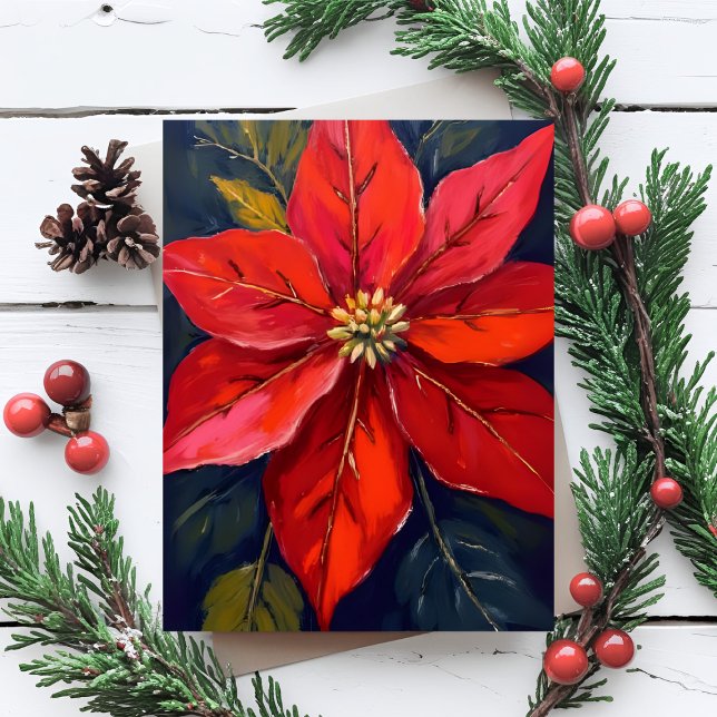 Cartão De Festividades Red Poinsettia Christmas Flower Painted (Criador carregado)
