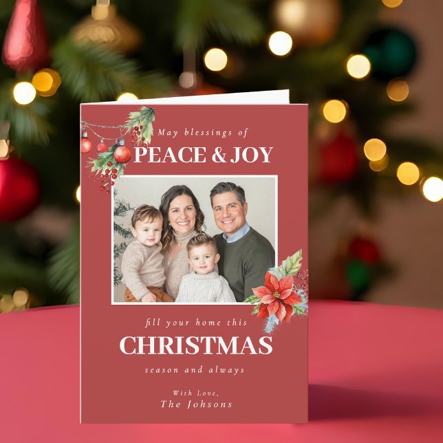 Cartão De Festividades Red Poinsettia Family Photo Christmas (Criador carregado)