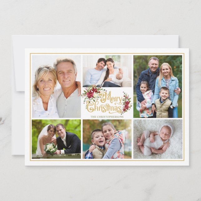 Cartão De Festividades Red Poinsettia Feliz Colagem de Fotos de Natal (Frente)