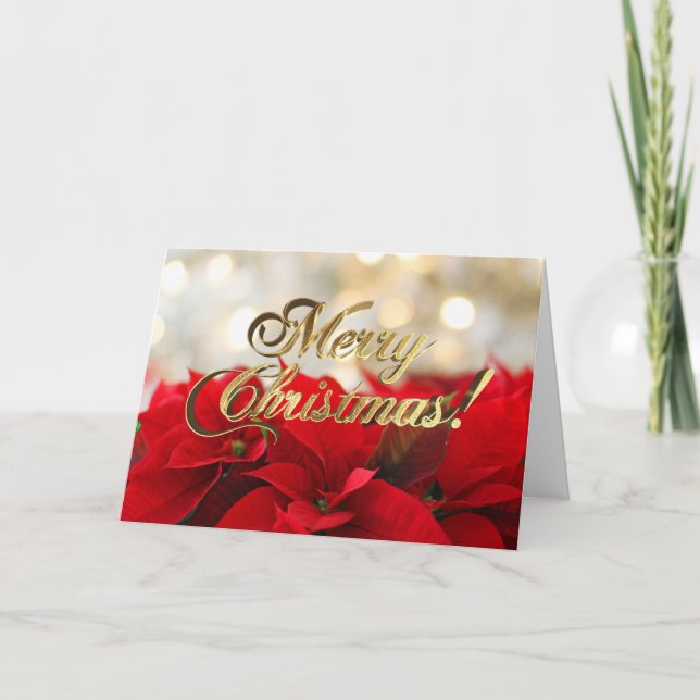 Cartão De Festividades Red Poinsettia Floral Christmas Faux Gold Script (Frente)