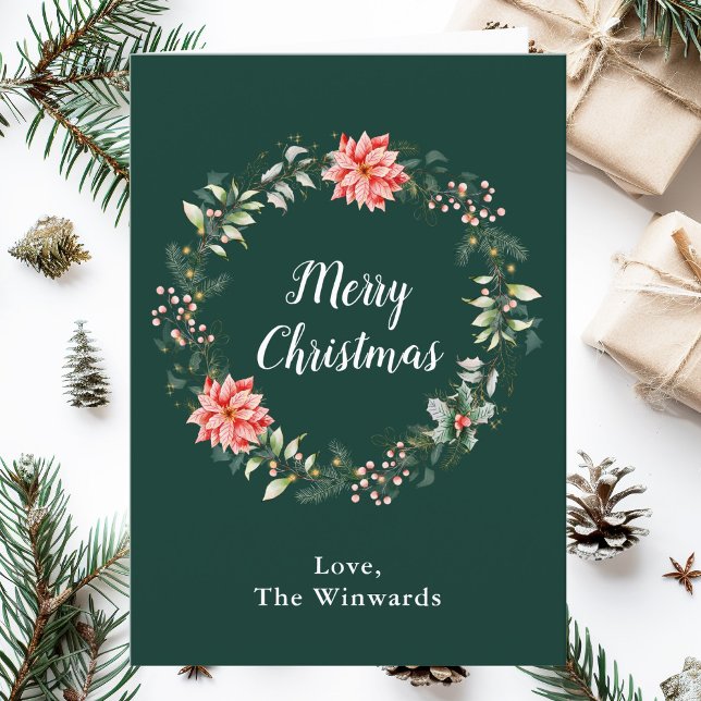 Cartão De Festividades Red Poinsettia Wreath Feliz Natal (Criador carregado)