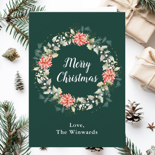 Cartão De Festividades Red Poinsettia Wreath Feliz Natal (Criador carregado)