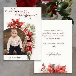 Cartão De Festividades Red Poinsettias Happy Holidays Script Fotografia