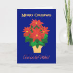 Cartão De Festividades Red Poinsettias Merry Christmas Across the Miles<br><div class="desc">A bright,  festive 'Merry Christmas,  Across the Miles' Christmas card with a gold-effect pot of Bright Red Poinsettias on a Deep Blue background with gold-effect lettering. The design is from a hand-painted paper collage by Judy Adamson and you can change change the inside message if you wish.</div>