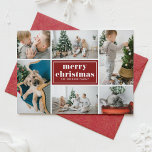 Cartão De Festividades Red Retro Felry Colagem de Fotos de Natal<br><div class="desc">Feliz Natal! Envie seus cartões de natal para a família e amigos com este cartão de Natal personalizável. Apresenta a tipografia retrógrada e um modelo de colagem de fotos. Personalize este cartão de Natal de colagem de fotos adicionando seus detalhes. Este cartão de Natal vermelho está disponível em outras cores...</div>