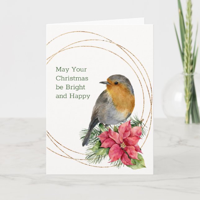 Cartão De Festividades Red robin, Poinsettia, pinho, Natal Holly (Frente)