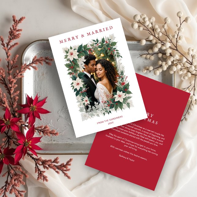 Cartão De Festividades Red Romantic Christmas Botanical Frame Photo (Red Romantic Christmas Botanical Frame Holiday Cards with Photo for First Christmas Married.)