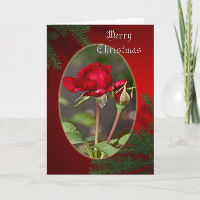 Cartão De Festividades Red Rose and Bud Merry Christmas Greeting Card (Frente)