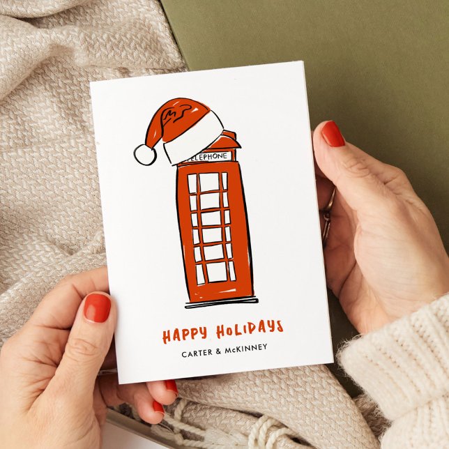 Cartão De Festividades Red Santa Hat London Red Telephone Box Negócios (Red Santa Hat London Red Telephone Box Illustrated Business Holiday Card)