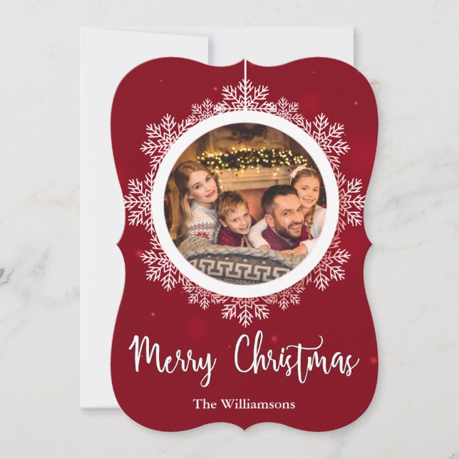Cartão De Festividades Red Snowflake Ornament Christmas Photo Fancy Cut (Frente)