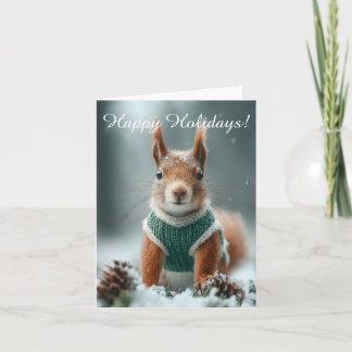 Cartão De Festividades Red Squirrel in a Green Knitted Sweater with Text