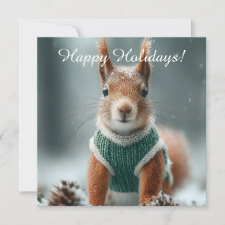Cartão De Festividades Red Squirrel in a Green Knitted Sweater with Text