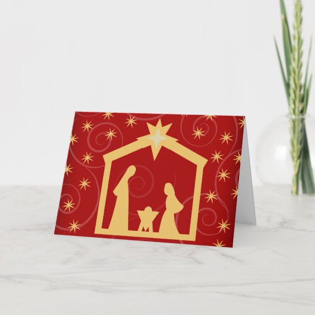 Cartão De Festividades Red Starry Night Christmas Nativity Greeting Card (Frente)