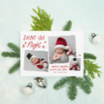 Cartão De Festividades Red Stars Silent ish 3 Photo Collage Baby<br><div class="desc">Com estrelas desenhadas à mão,  tipografia química e um formato fotográfico único de 3. Vem com um padrão correspondente no verso.</div>