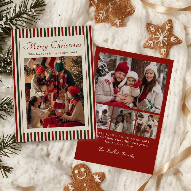 Cartão De Festividades Red Stripe Family Photo Christmas Holiday Card (Criador carregado)