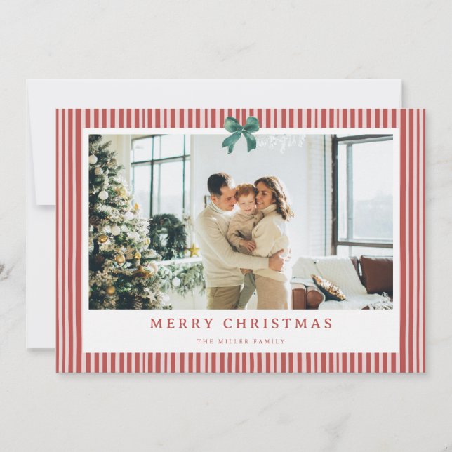 Cartão De Festividades Red Stripe Green Bow Christmas Photo Holiday Card  (Frente)