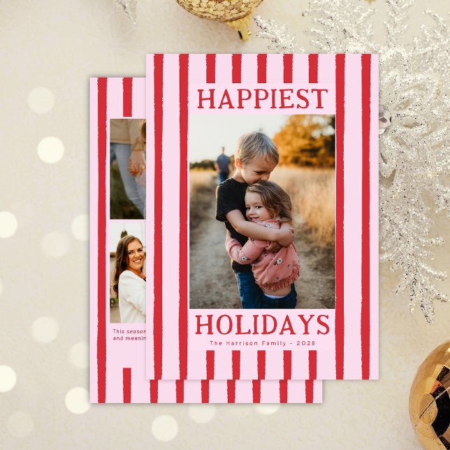 Cartão De Festividades Red Stripes Cute Multi Photo Flat Holiday Card (Criador carregado)