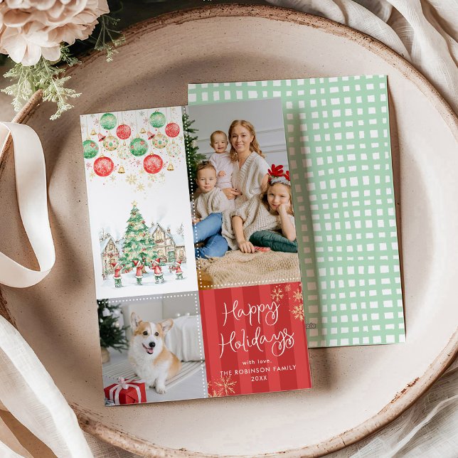 Cartão De Festividades Red Stripes Winter Village Happy Holidays 2 Foto (Criador carregado)