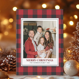 Cartão De Festividades Red Tartan Plaid with Christmas Family Photo