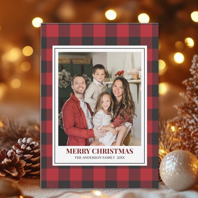 Cartão De Festividades Red Tartan Plaid with Christmas Family Photo (Criador carregado)