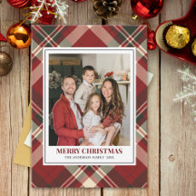Red Tartan Plaid with Christmas Family Photo