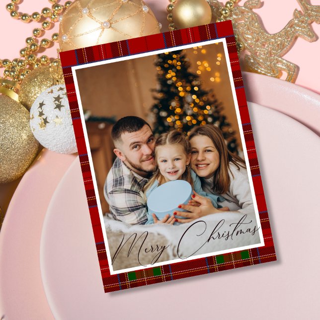 Cartão De Festividades Red Tartan Xadrez Scottish Christmas Photo (Red Tartan Plaid Scottish Christmas Photo Holiday Card)