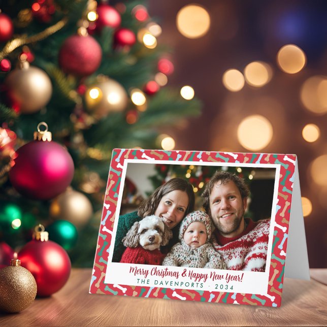 Cartão De Festividades Red & Teal Dog Bones Padrão Pet de Natal Foto (Red & Teal Dog Bones Pattern Christmas Pet Photo Holiday Card)