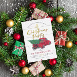 Cartão De Festividades Red Truck & Vintage Wood Russe Festa de Natal<br><div class="desc">Feche o feriado com este convite festivo de festas! O design apresenta um carregando de caminhonete vermelho pintado manualmente, uma árvore de Natal enfeitada com um arco grande e coroa contra um fundo de latas brancas de madeira intacta. Acima do caminhão, atrás dele - para dar um efeito mais 3D,...</div>